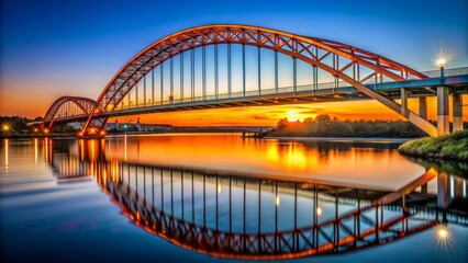 Obraz premium Vibrant orange hues illuminate majestic steel arch bridge spanning serene tranquil waters at warm dusk against clear blue sky backdrop.