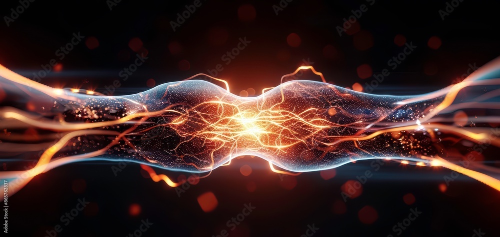 Poster abstract digital art depicting vibrant energy and light waves converging in a dynamic and colorful d