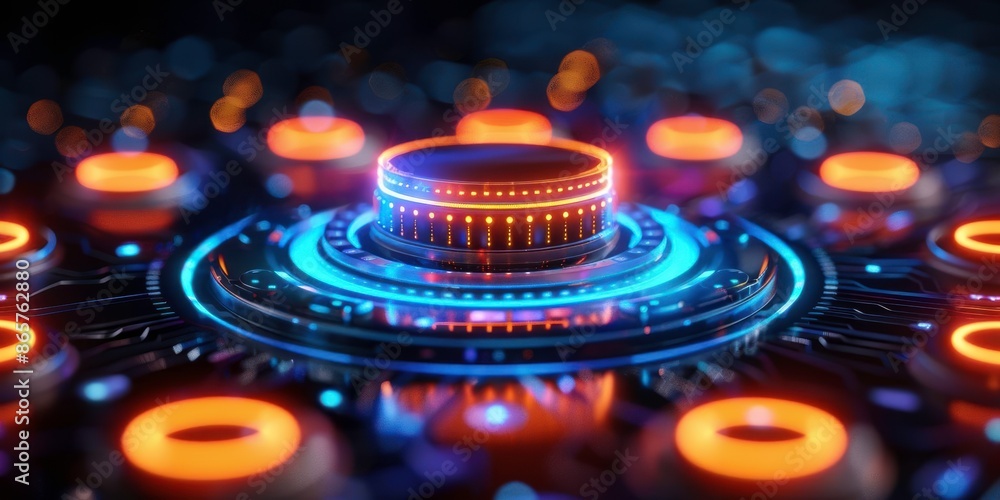 Poster close-up view of a futuristic control panel with glowing lights and buttons, representing advanced t