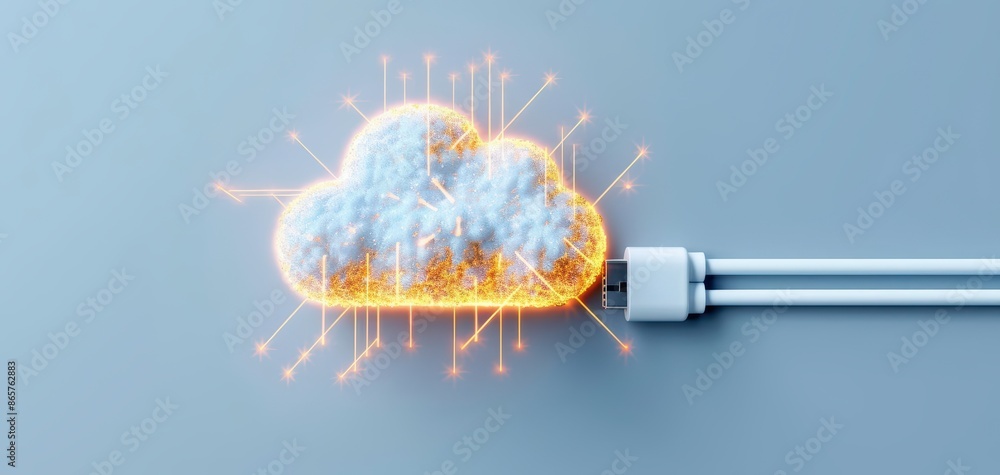 Poster cloud computing concept with glowing cloud symbol connected to cables, representing data transfer an