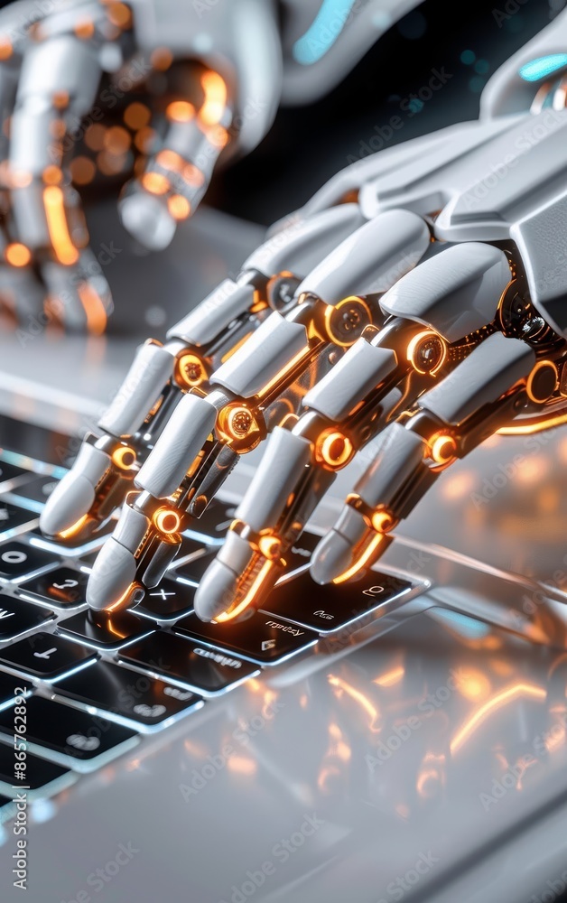 Poster close-up of a robotic hand typing on a laptop keyboard, symbolizing artificial intelligence, automat