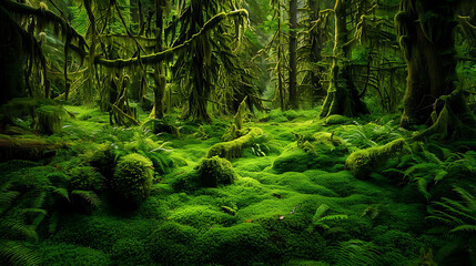 Obraz premium Stunning landscape of the Hoh Rainforest in Washington with its mosscovered trees and vibrant green hues 