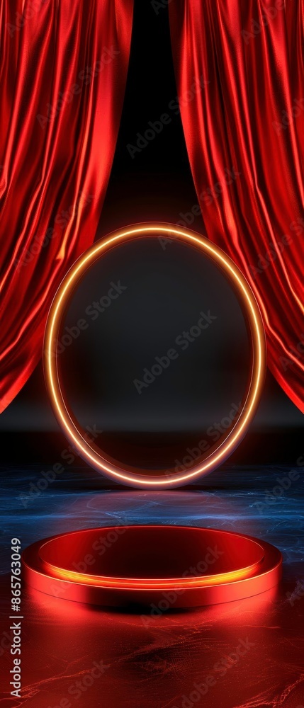 Poster futuristic red neon circle on a dark stage with red curtains, creating a dramatic and modern atmosph