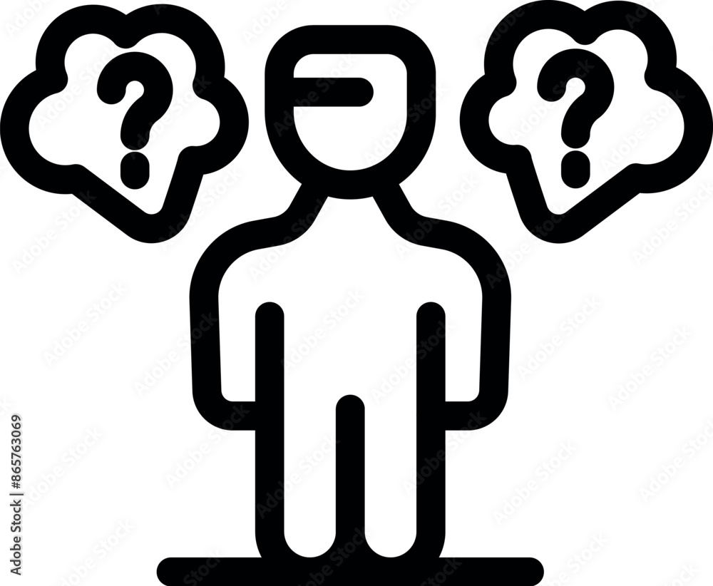 Poster simple line icon of a businessman making a decision with two question marks symbolizing different op