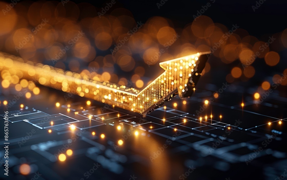 Poster glowing arrow pointing upward, representing growth and success in technology and business on a digit