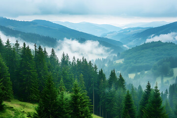 Vibrant landscape of the Black Forest in Germany featuring towering pine trees and misty pathways