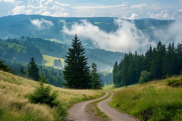 Fototapeta premium Vibrant landscape of the Black Forest in Germany featuring towering pine trees and misty pathways