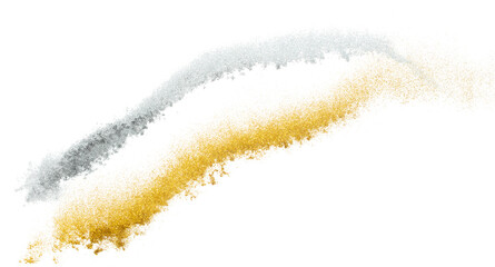 Gold Silver metallic glitter sparkle explosion in air. Golden silver Glitter sand spark blink celebrate, fly throw gold glitters particle. White background isolated, selective focus Blur bokeh