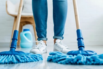 Person Mopping White Tile Floor With Blue Mop and Wooden Handle
