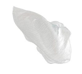 Silver drape fabric flying in curve shape, Piece of textile Silver drape fabric throw fall in air. Black background isolated motion blur