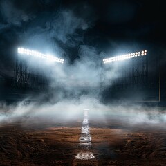 A Baseball Field Lit by Bright Lights Under a Smoky Night Sky