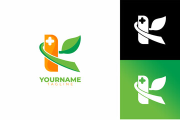 Logo Initial K with Leaf and Healthy Plus Shape