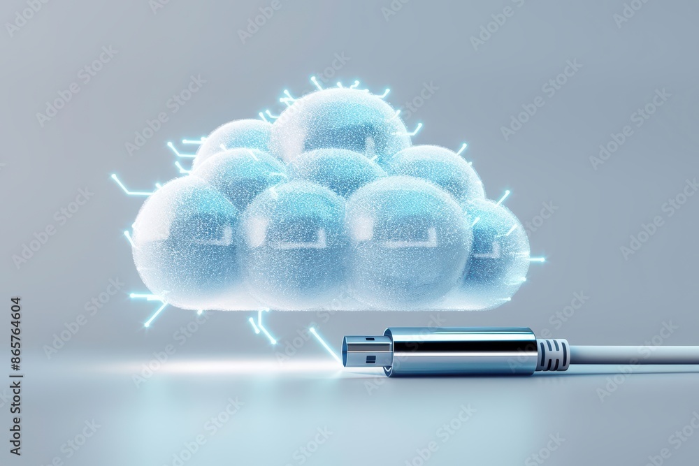 Poster futuristic concept of cloud storage connected via a usb cable, visualizing digital data transfer and