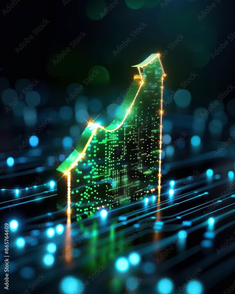 Poster futuristic glowing graph symbolizing growth, technology, and data on a digital matrix background wit