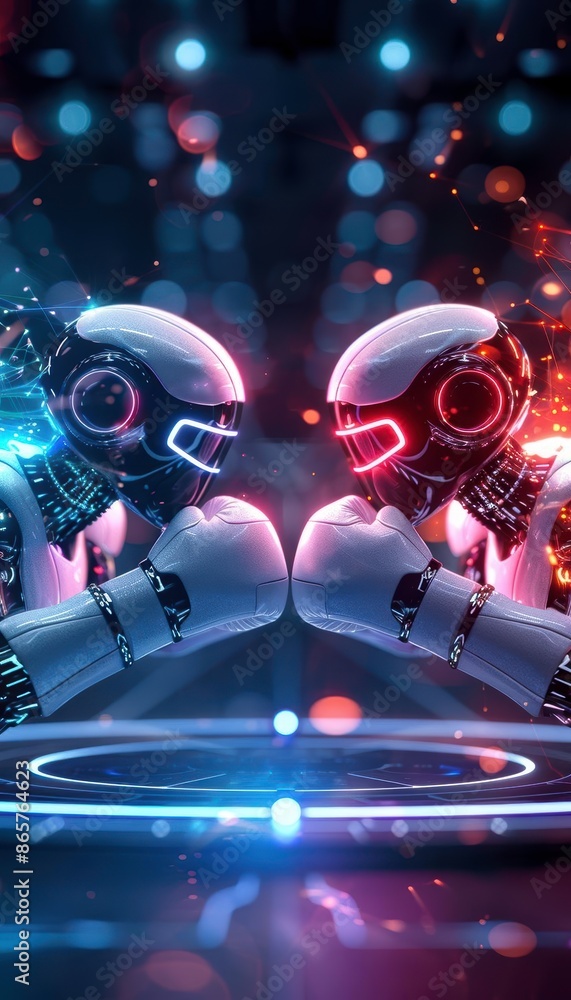 Poster futuristic scene with two boxing robots facing each other, glowing blue and red lights create a high