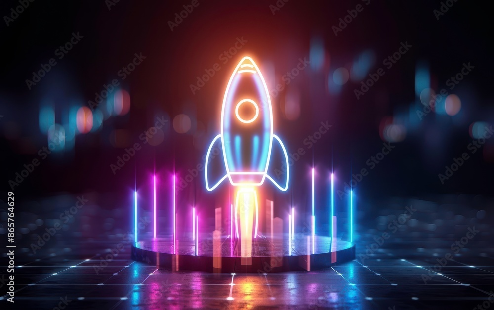 Poster glowing neon rocket launching with abstract financial graphs in the background, representing innovat