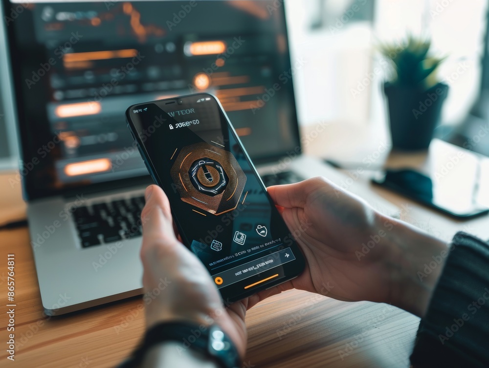 Poster a person's hand is interacting with a smartphone displaying a cybersecurity lock graphic, with a lap