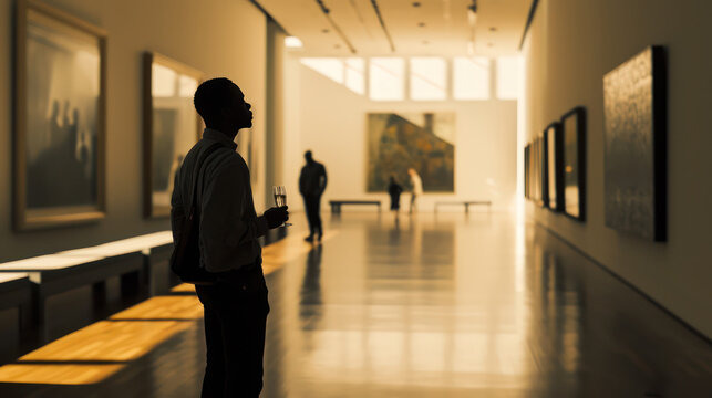 silhouette of a person in an art gallery in museum building