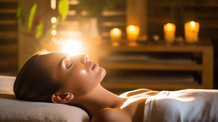 beautiful woman is relaxing on the massage bed in the spa.