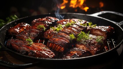 Realistic grilled barbeque with melted barbeque sauce and cut vegetables, black and blur background