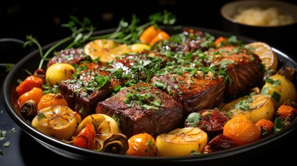 Fototapeta premium delicious pot roast meat with black and blur background