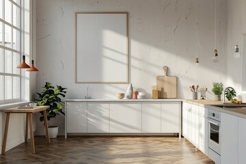 Fototapeta premium Blank white kitchen picture frame mockup. Minimalist staging