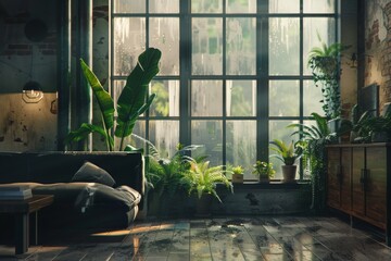 Dark cozy interior background, loft style living room with big window, 3D rendering