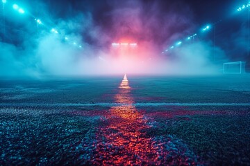 Nighttime Soccer Field Under Illuminated Fog