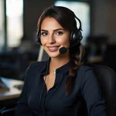 woman in black shirt in front of grey background works remotely for customer service call center is listening to music with headphones at home 