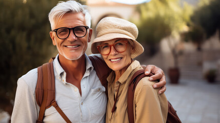 elderly couple on trip in sunny summer italy riviera coast with background of old city architecture town on the coastline.