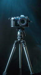 Silver tripod with black and red legs stands on a dark background