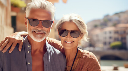 elderly couple on trip in sunny summer italy riviera coast with background of old city architecture town on the coastline.