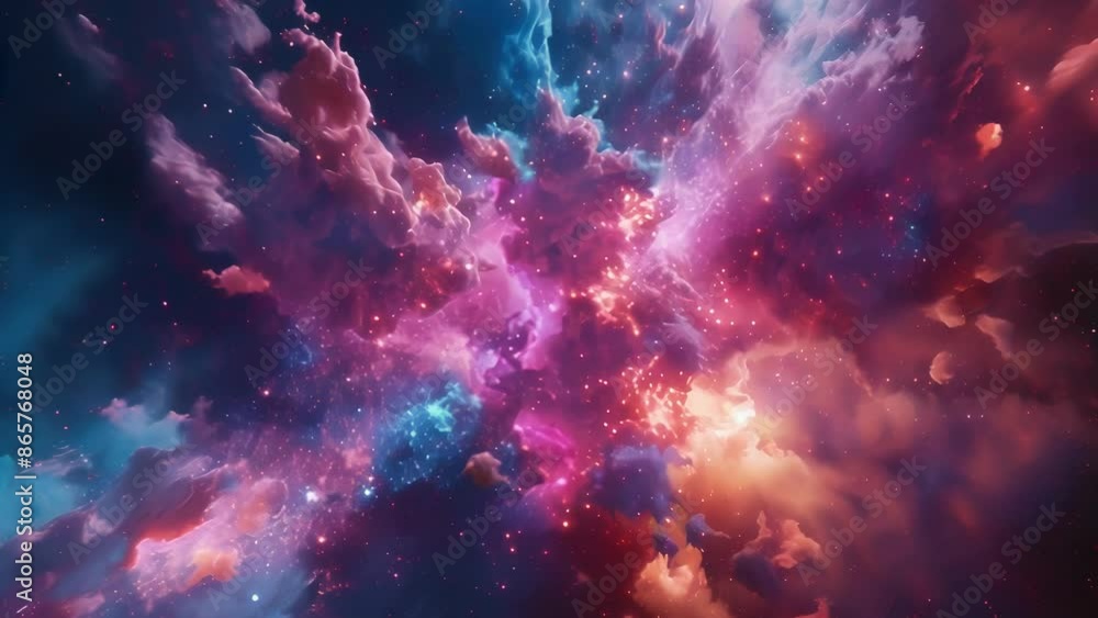 Poster the infinite reaches of space are alive with a dynamic dance of colorful explosions and swirling neb