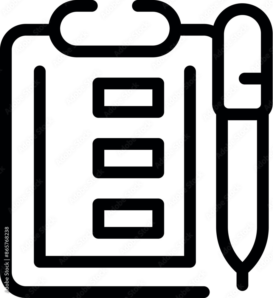 Poster line icon of a clipboard with checkboxes and a pen, representing the concept of taking notes, comple