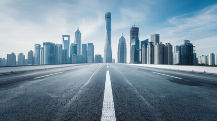 Freshly paved asphalt road leading to a futuristic city skyline