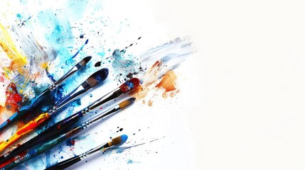 Fototapeta premium Artistic paint brushes in various sizes and colors on white background with space for text
