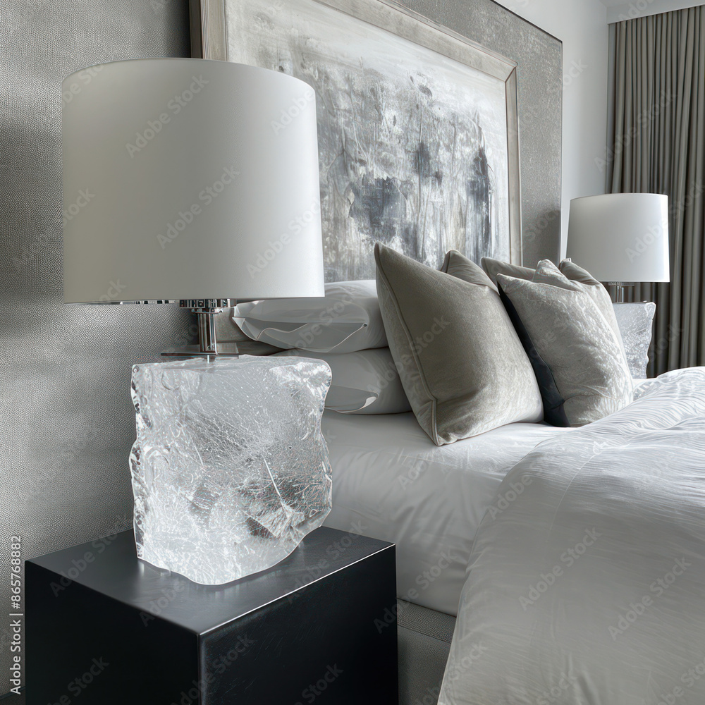 Wall mural luxury hotel bedroom bedside table with lamps nightstands in grey modern crystal design