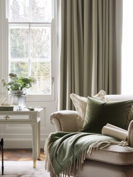 calm grey green  theme for minimal warm cozy  home decoration  design pottery , dishes, table wears , sink, falset, fabric curtains  ,pillow ,lamp, lighting and wall color 