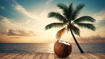 Tropical Serenity. Coconut on a Pier at Sunset