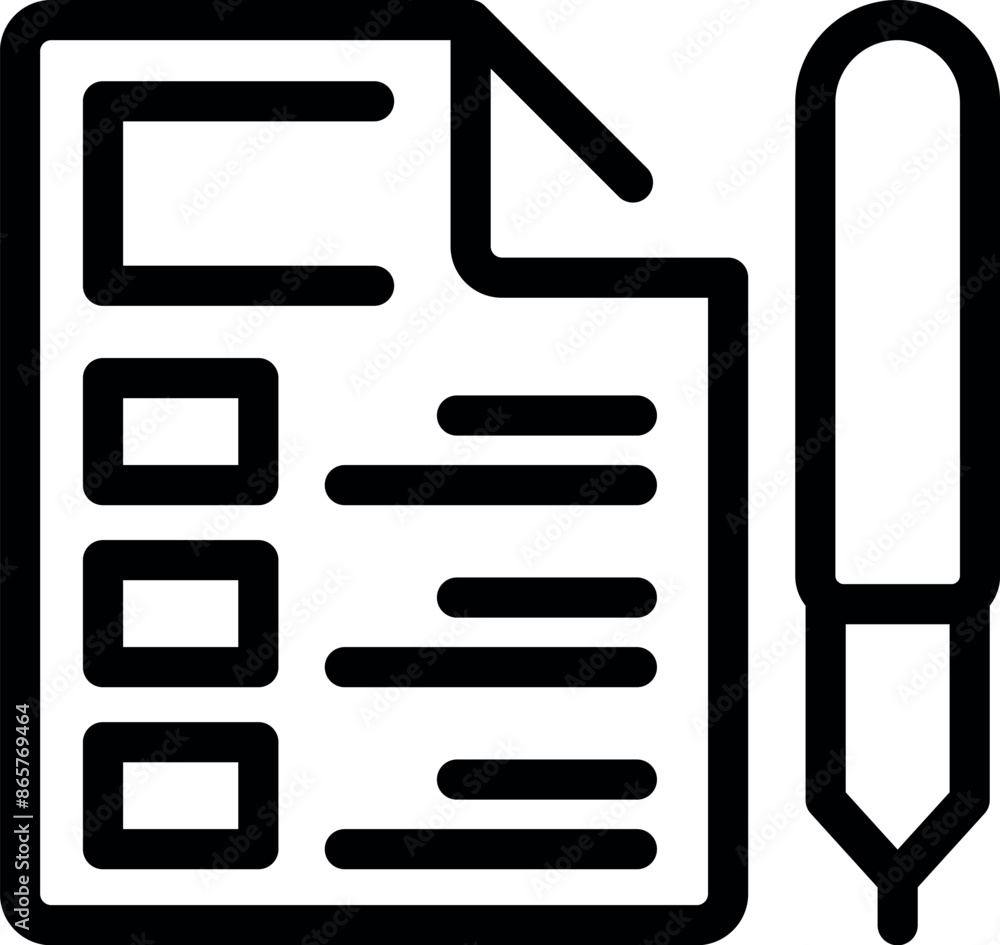 Poster line art icon of a paper with text and a pen, representing taking notes, writing or editing