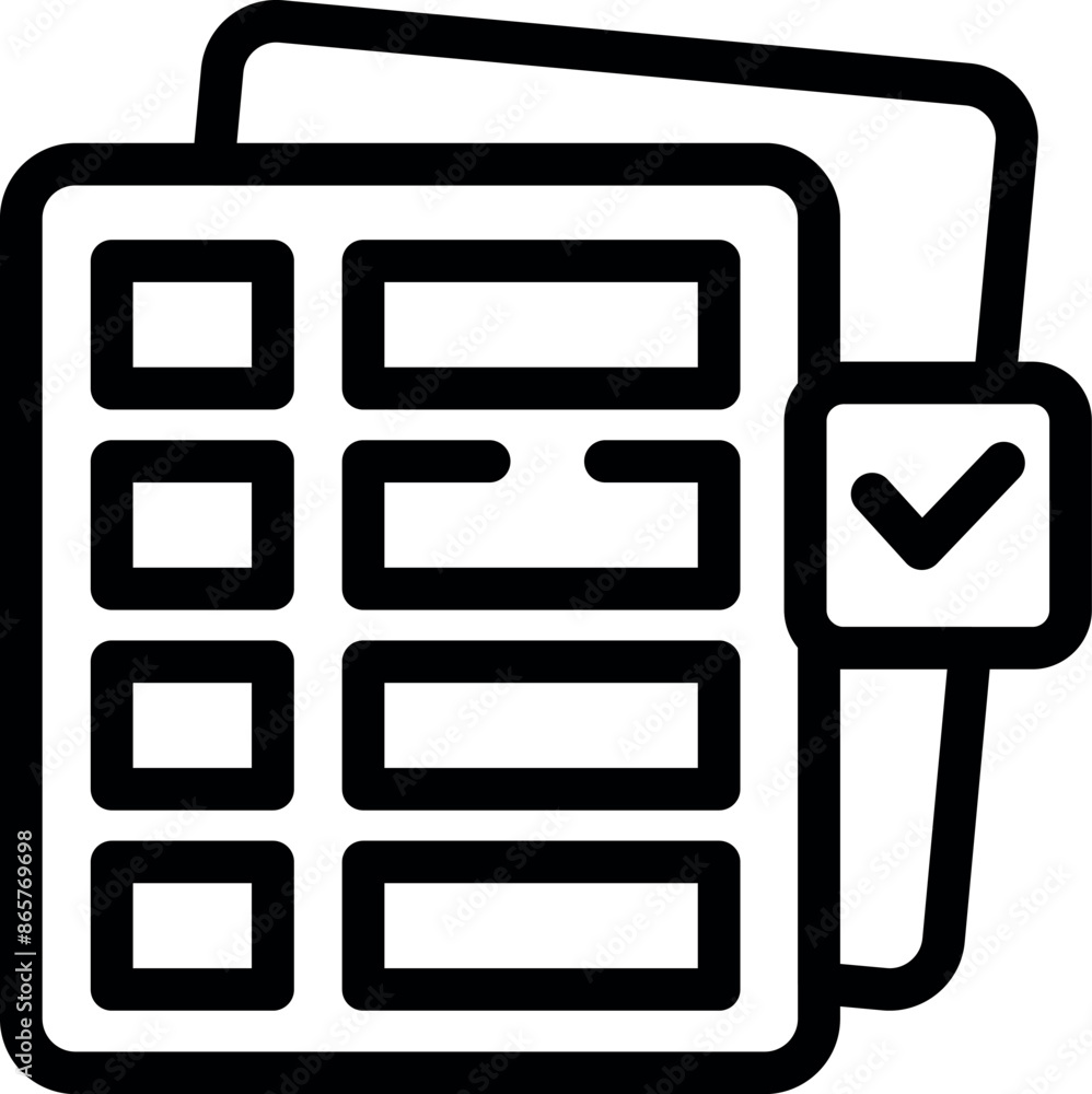 Poster stylized icon of a document being checked, signifying the successful completion of business tasks