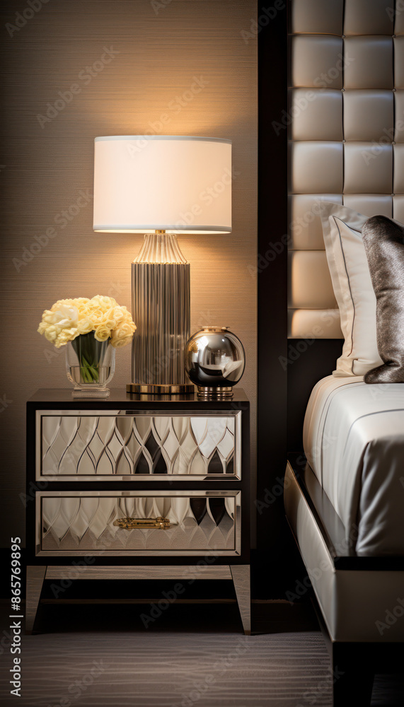 Wall mural luxury hotel bedroom bedside table with lamps nightstands in retro glasses design