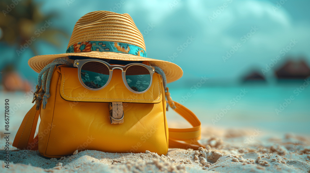 Wall mural yellow colorful travel bag with straw hat and sunglasses