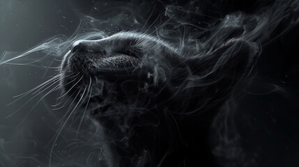 A cat's face with whiskers is surrounded by ethereal smoke