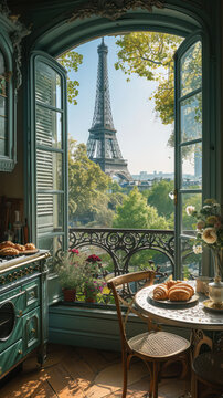 classic local life style breakfast coffee with eiffel tower view from the short term rental apartment 