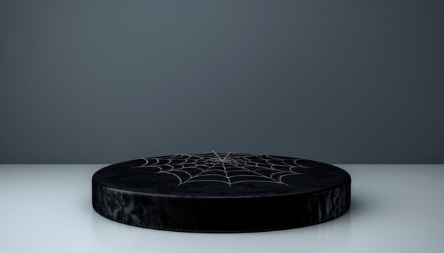 Dark velvet podium with elegant lace spider web design, Halloween blank podium, sophisticated spook