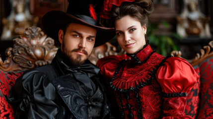 Fototapeta premium Victorian vampire couple in a lavishly decorated room, Halloween romantic, historical love