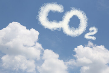 Blue sky with CO2 chemical formula and clouds. Carbon dioxide emissions