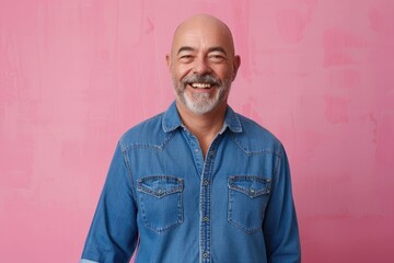 Fototapeta premium Confident middle aged man in denim shirt smiling happily.