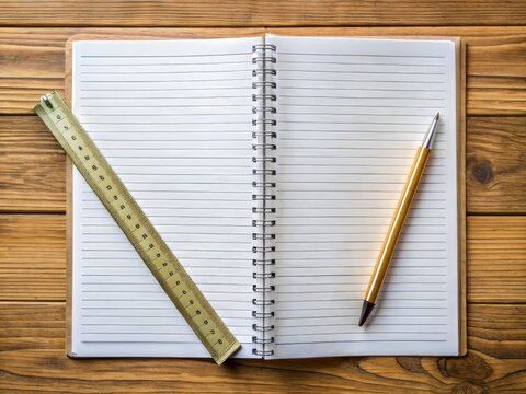 Empty simple exercise book with lined pages, a pen, and a ruler on a wooden desk, ready for learning and taking notes.